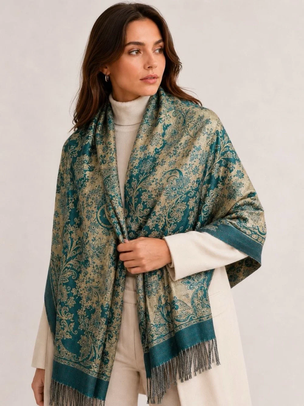Beauty Pashmina Silk Paisley Floral Print Fringe Scarf Wrap Teal Gold One Size